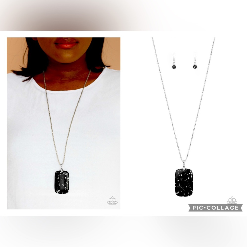 Paparazzi Fundamentally Funky Speckled Black and Silver Necklace Set